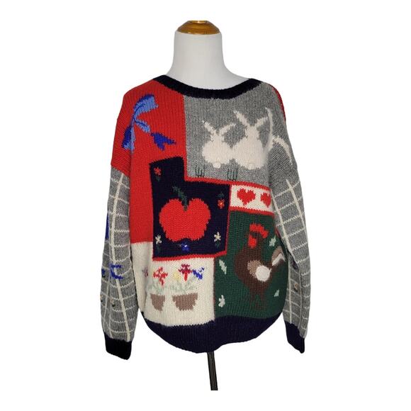 Vintage Women Novelty Twee Shetland Wool Sweater Granny Country Patchwork Large - Picture 2 of 13